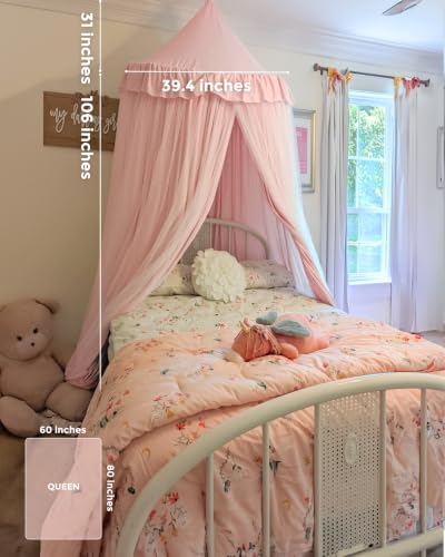 Bed Canopy for Girls with Star Lights, 39.4''x106'', Peach Pink, view 7