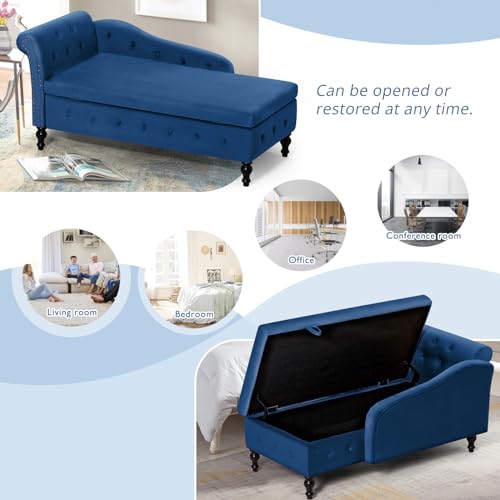 Velvet Chaise Lounge w/Left Armrest & Storage Space, Blue, view 7