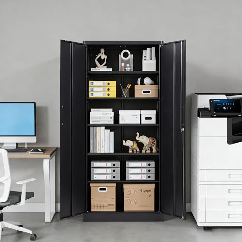 72" Tall Metal Storage Cabinet with Lock, Garage Cabinet with 2 Locking Doors and 5 Adjustable Shelves,Steel Locking Cabinets for Garage,Home Office,Kitchen,School,Warehouse(Black)
