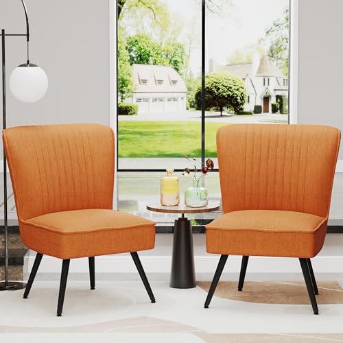 Orange Accent Chair Set of 2 Upholstered Living Room Chairs Modern Bedroom Furniture Sets Armless Slipper Club Chair Guest Reception Couch Comfy Wingback Single Sofa
