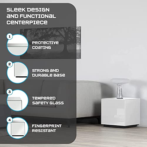 Premium Tempered Glass Side Table - Luxury Nightstand & Bedside Table for Bedroom or Living Room - High Gloss End Table in White Finish - Sleek Cube Design with Fingerprint Resistant Glass