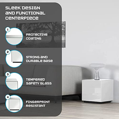 Premium Tempered Glass Side Table - Luxury Nightstand & Bedside Table for Bedroom or Living Room - High Gloss End Table in White Finish - Sleek Cube Design with Fingerprint Resistant Glass