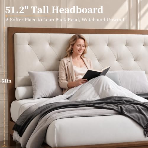 Solid Wood Queen Bed Frame with 51" Tall Upholstered Headboard, Walnut, view 4