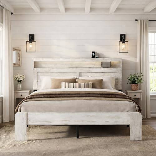 Queen Size Wooden Bed Frame with Headboard, Rustic Platform Bed Frame, view 2