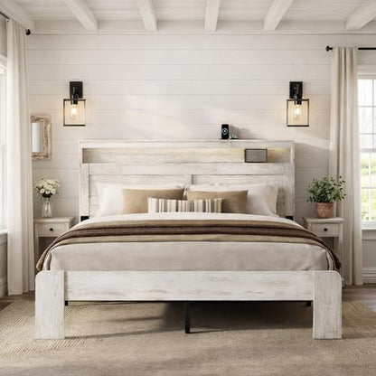 Queen Size Wooden Bed Frame with Headboard, Rustic Platform Bed Frame, view 2