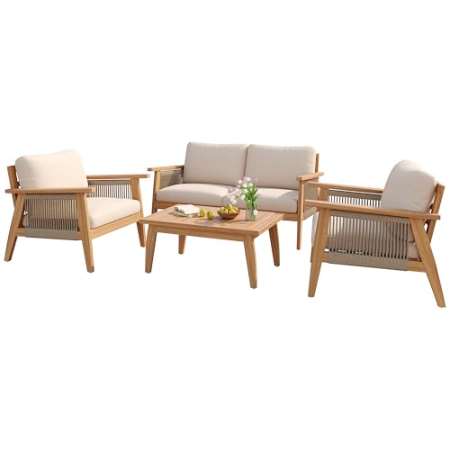 Lorna 4-Seater Patio Furniture Set with Removable Cushion, 4 Piece Outdoor Acacia Wood Conversation Set, Sold Wood Outdoor Sectional Sofa Set with Coffee Table, Teak+Beige
