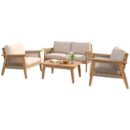 Lorna 4-Seater Patio Furniture Set with Removable Cushion, 4 Piece Outdoor Acacia Wood Conversation Set, Sold Wood Outdoor Sectional Sofa Set with Coffee Table, Teak+Beige