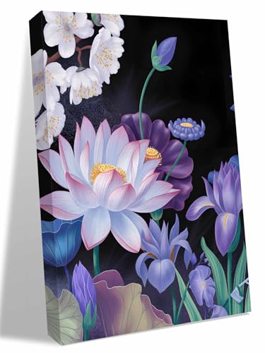 NuYeBiofx Blue Purple Colorful Lotus Canvas Wall Art Prints,48"x32" Framed Picture Artwork Watercolor Flower Leaves Plant Printed Canvas Oil Painting for Living Room Bedroom Office,Ready to Hang