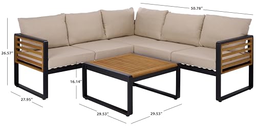 SAFAVIEH Outdoor Patio Furniture Collection - Baker Corner Set, Black & Taupe, Steel Frame with Acacia Wood Accents, Cushioned Modern Sectional Sofa with Table for Patio, Deck, or Backyard (PAT7757A)