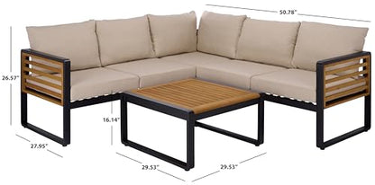 SAFAVIEH Outdoor Patio Furniture Collection - Baker Corner Set, Black & Taupe, Steel Frame with Acacia Wood Accents, Cushioned Modern Sectional Sofa with Table for Patio, Deck, or Backyard (PAT7757A)