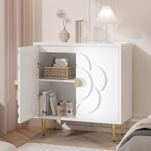 Storage Cabinet, Modern Cabinet with Decorative Flower Pattern Doors, Accent Sideboard Buffet Cabinet for Hallway, Living Room, Kitchen, White