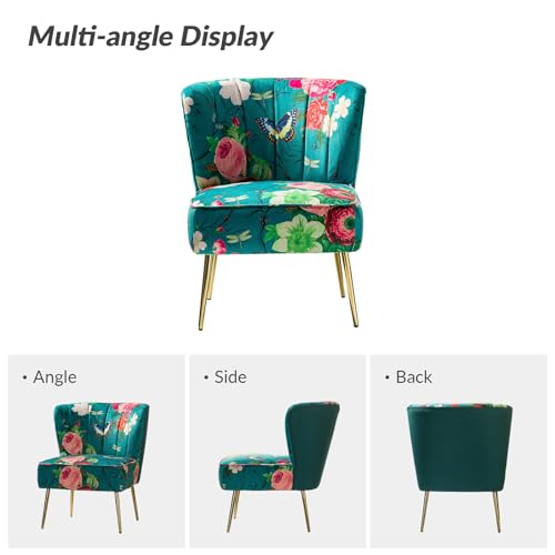 Accent Chair with Golden Metal Legs, Comfy Tufted Wingback Living Room Chair Floral Fabric Small Armless Side Chair, Upholstered Slipper Chair for Bedroom, Reading Room Flower Print