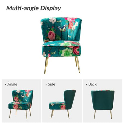 Accent Chair with Golden Metal Legs, Comfy Tufted Wingback Living Room Chair Floral Fabric Small Armless Side Chair, Upholstered Slipper Chair for Bedroom, Reading Room Flower Print