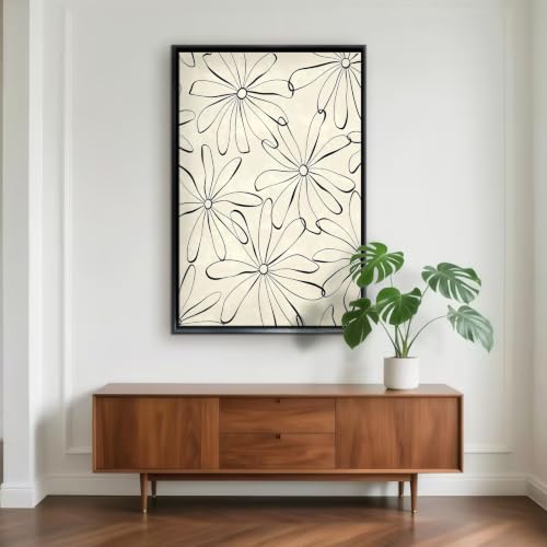 Black Line Daisy Flower Pattern Wall Art Canvas Print, minimal floral line art artwork in black and cream for bedroom, bedroom, office, apartment, modern farmhouse, and(24x36Inch,Gallery Wrapped）