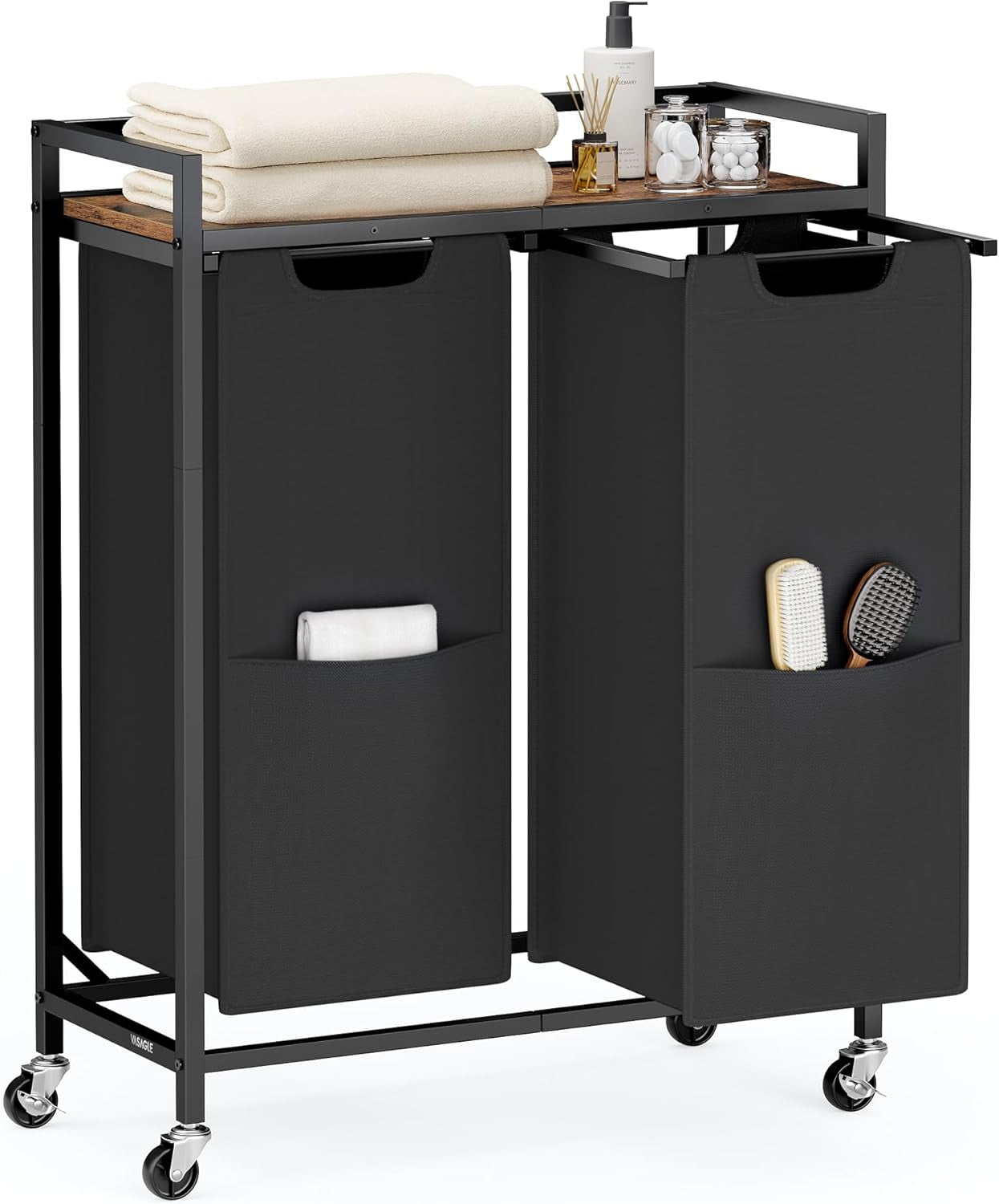 Laundry Sorter, 29 Gal. (110 L) Laundry Hamper Basket with 2 Compartments, Rolling Cart with Wheels, Shelf, Removable Bags, Pockets, Ink Black and Rustic Brown UBLH021B01