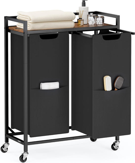 Laundry Sorter, 29 Gal. (110 L) Laundry Hamper Basket with 2 Compartments, Rolling Cart with Wheels, Shelf, Removable Bags, Pockets, Ink Black and Rustic Brown UBLH021B01
