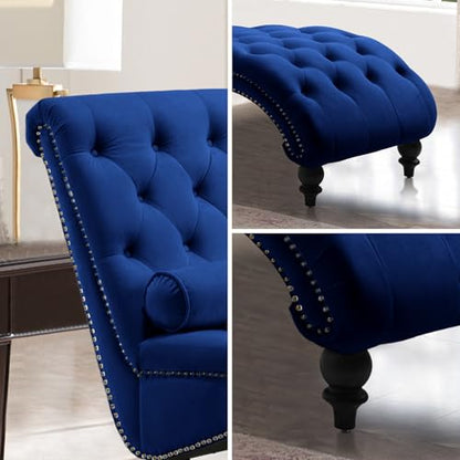 61" Velvet Tufted Chaise Lounge, Upholstered Sofa Chair with Wood Legs Blue, view 5