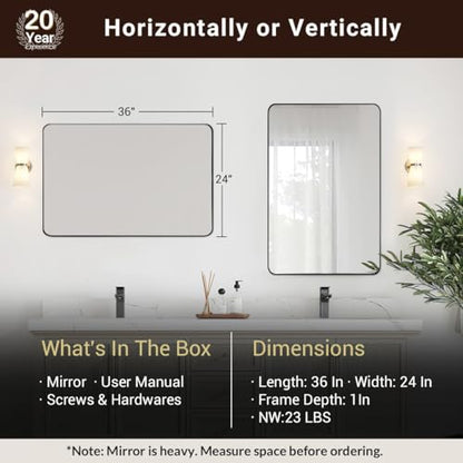 Gold Bathroom Mirror, 24x36 Brushed Brass Rectangle Metal Frame Mirror for Bathroom, Modern Rectangular Wall Mounted Mirror for Vanity