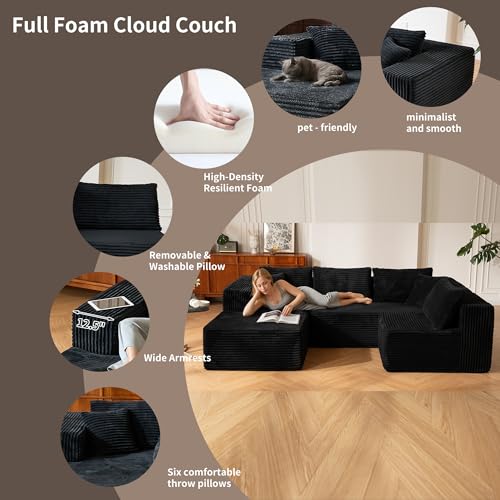 140” Oversized No Assembly Compression Boneless Cloud Sectional Couches for Living Room, L-Shape Comfy Fluffy Sleeper Sofa Bed, Modular Corduroy Reclining Memory Foam Furniture for Bedroom Home Black
