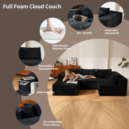 140” Oversized No Assembly Compression Boneless Cloud Sectional Couches for Living Room, L-Shape Comfy Fluffy Sleeper Sofa Bed, Modular Corduroy Reclining Memory Foam Furniture for Bedroom Home Black