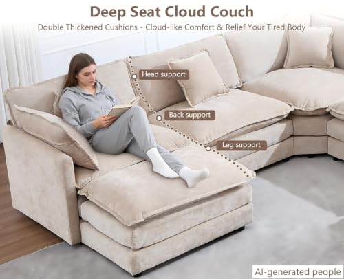 Oversized Modular Sectional Sofa, 7 Seater Deep Seat Cloud Couch Sectional | Chenille Corner Couch | 7 Pillows, 2 Ottomans | Sectional Couches for Spacious Living Room, Large Families| Light Camel