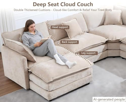 Oversized Modular Sectional Sofa, 7 Seater Deep Seat Cloud Couch Sectional | Chenille Corner Couch | 7 Pillows, 2 Ottomans | Sectional Couches for Spacious Living Room, Large Families| Light Camel