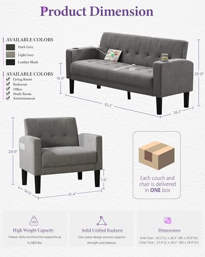 Sofa Couch, Living Room Furniture Sectional Sofa Sets 3 Pcs, Tufted Mid-Century Loveseat w/USB, Cupholders & Comfy Single Sofa for Small Space, Apartment, Office (Light Grey)