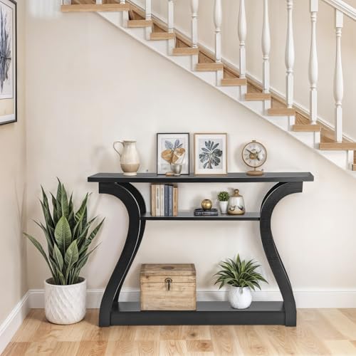 47 in Narrow Console Table, 3 Tier Entryway Table, Wood Sofa Table Decorative Hallway Table with Shelves, Curved Frame for Living Room Front Door Entrance (Black, Flat Surface)