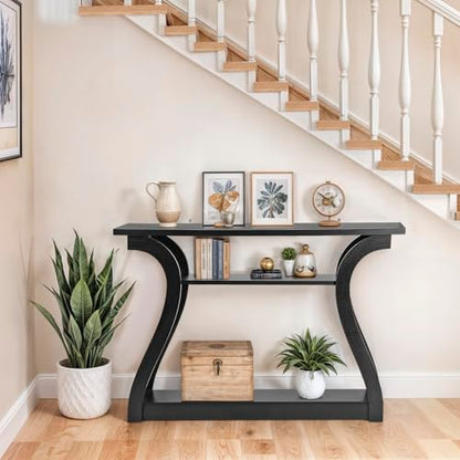 47 in Narrow Console Table, 3 Tier Entryway Table, Wood Sofa Table Decorative Hallway Table with Shelves, Curved Frame for Living Room Front Door Entrance (Black, Flat Surface)