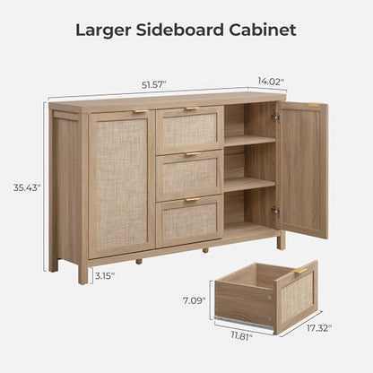 52 Inch Sideboard Buffet Cabinet with Storage, Rattan Credenza, view 4