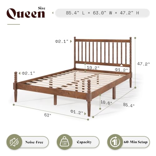 Queen Solid Wood Bed with Bobbin Spindle Headboard, Dark Walnut, view 3