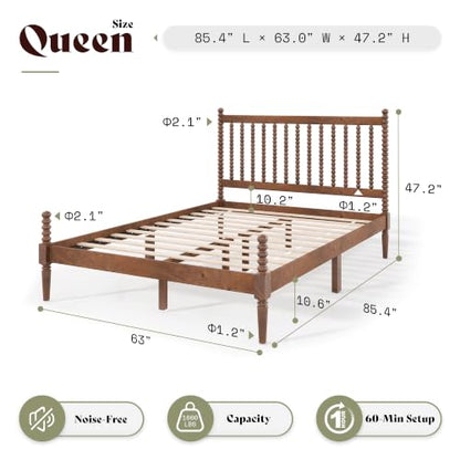 Queen Solid Wood Bed with Bobbin Spindle Headboard, Dark Walnut, view 3