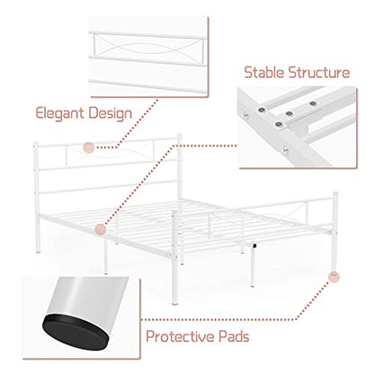 Full Size Bedframe Metal Bed Frame with Headboard and Footboard Mattress Foundation Support Platform Bed No Box Spring Needed, Popular Style White