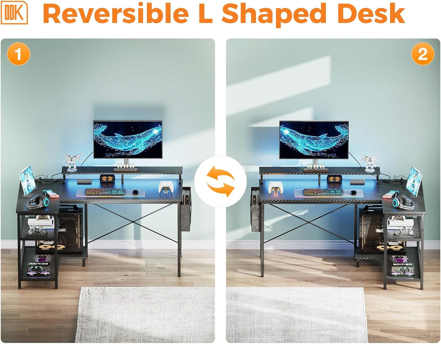 48 Inch Gaming Desk with USB Charging Ports and LED Lights, Reversible L Shaped Computer Desk with Storage Shelves & Monitor Stand, Corner Gamer Desk Table with Power Outlets, Black