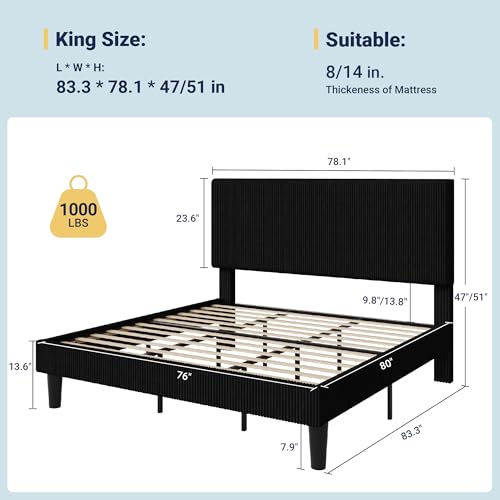 King Bed Frame, Corduroy Tufted Headboard, Black, view 4