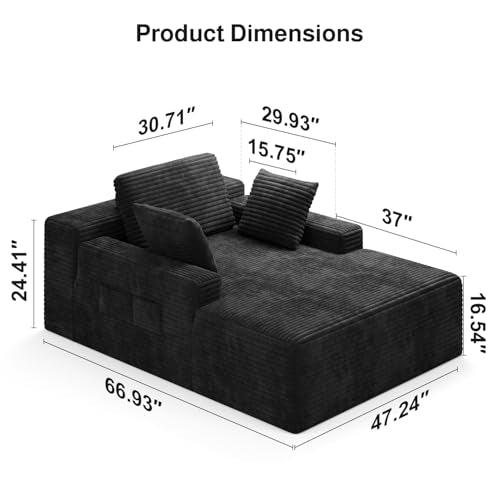 No-assembly oversized black corduroy pet-friendly chaise lounge with side pockets, view 3
