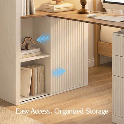 61" L Shaped Desk with Arched Hutch, White Corner Computer Desk with Power Outlets, 3 Drawers, File Cabinet and Sliding Door Storage for Home Office