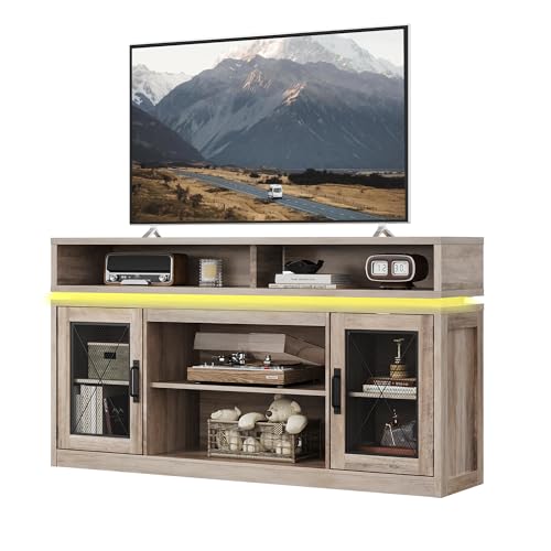 Farmhouse TV Stand for TVs Up to 65" with LED & Top Shelf, Gray Oak, view 2