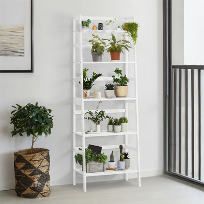 Bookshelf, 5-Tier Ladder Shelf, Floor Bookcase with Bamboo Frame,Freestanding Storage Shelves Corner Shelf, for Living Room,Home Office,Bedroom,Kitchen,Bathroom,Plant Stand,White