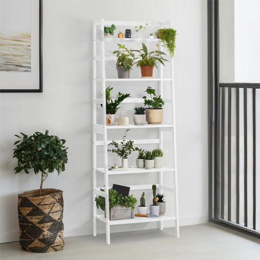 Bookshelf, 5-Tier Ladder Shelf, Floor Bookcase with Bamboo Frame,Freestanding Storage Shelves Corner Shelf, for Living Room,Home Office,Bedroom,Kitchen,Bathroom,Plant Stand,White
