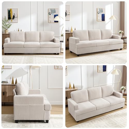 85 Inch Sofa with Side Pocket, Corduroy Fabric 3 Seater Couch for Living Room, Comfy Modern Small Couch for Bedroom, Small Spaces, Dorms, Office, Beige