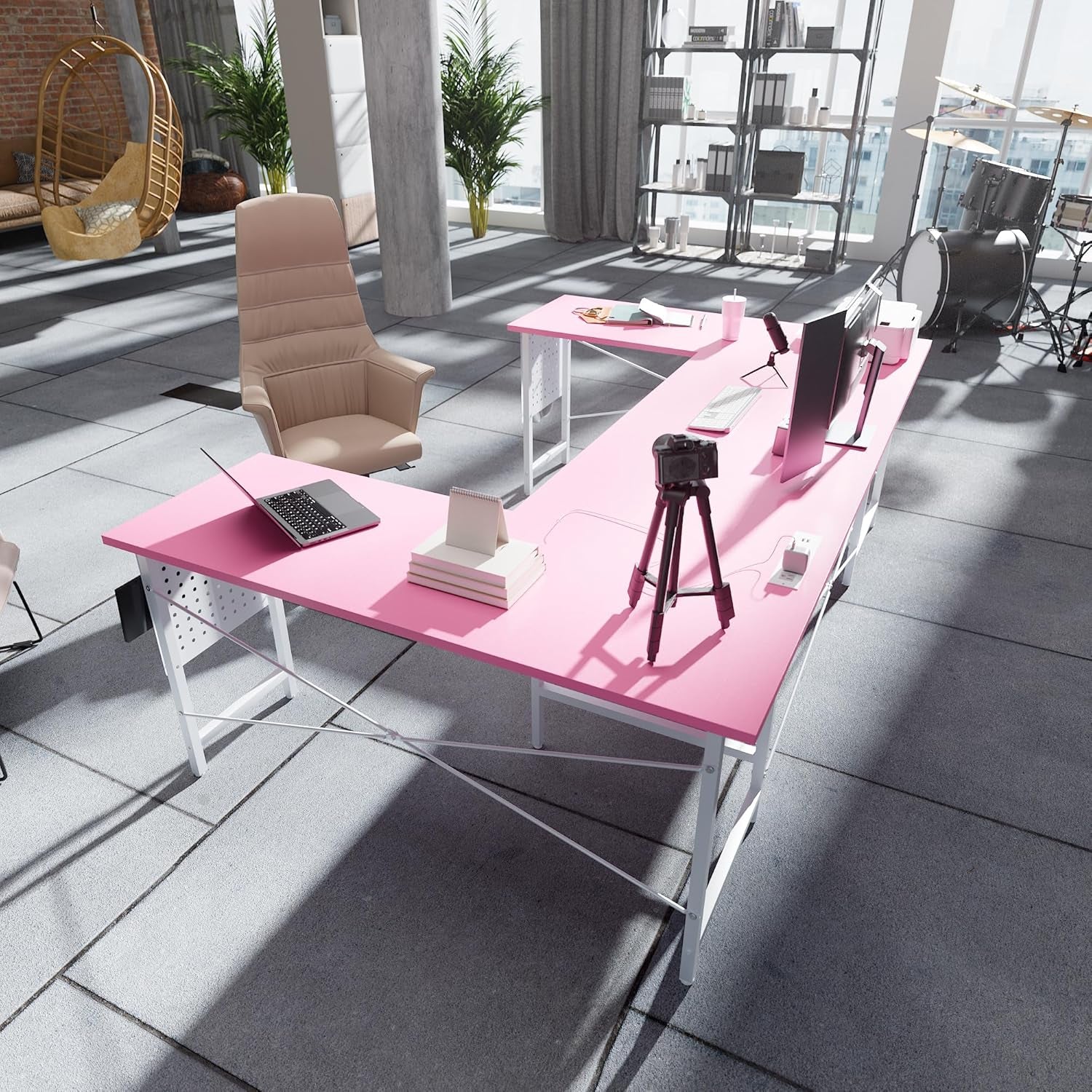 71 Inch Large Computer Desk with Power Outlets,U Shaped Corner Desk for Home Office Work and Gaming Pink