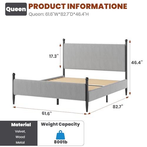 Queen Size Upholstered Bed Frame, with Velvet Headboard, view 3