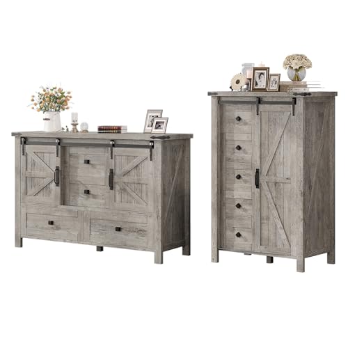 2PCS Farmhouse Dresser Set with Sliding Barn Doors, Bedroom Sets Include 47'' Dresser with 4 Drawers, 5-Drawer Tall Dresser, Light Rustic Oak