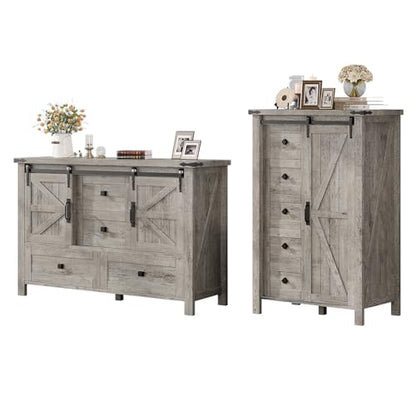 2PCS Farmhouse Dresser Set with Sliding Barn Doors, Bedroom Sets Include 47'' Dresser with 4 Drawers, 5-Drawer Tall Dresser, Light Rustic Oak