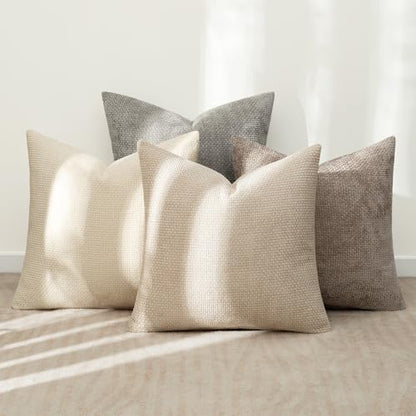 Pack of 4 Couch Throw Pillow Covers 18x18 Inch Neutral Beige/Brown Soft Decorative Chenille Pillow Covers Farmhouse Accent Cushion Covers for Boho Spring Home Decor Sofa Bedroom Living Room