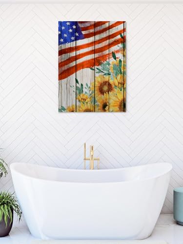 NuYeBiofx Independence Day Sunflower USA Flag Canvas Wall Art Prints,30"x20" Framed Picture Artwork Vintage Wood Grain Printed Canvas Oil Painting for Living Room Bedroom Office,Ready to Hang