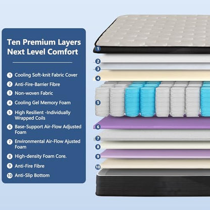 14 Inch Queen Size Hybrid Mattress - Cooling Gel Memory Foam Mattresses in a Box for Back Pain Relief | Breathable & Soft Sleep | Independent Pocket Spring with Strong Edge Support | CertiPUR-US