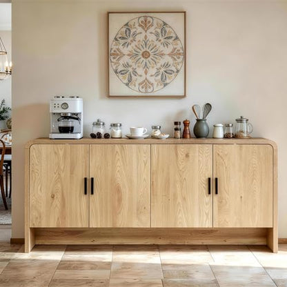 68'' Sideboard Buffet Cabinet with Storage, Curved Design Credenza Storage Cabinet with 4 Doors, Console Cabinet for Kitchen, Living Room & Hallway, Natural