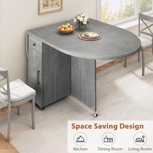 Round Folding Dining Table for 4, Space Saving Drop Leaf Kitchen Table with Storage Drawer, 6 Wheels Oval Gateleg Foldable Dining Table for Small Spaces(Grey 47 * 23.6 * 30)
